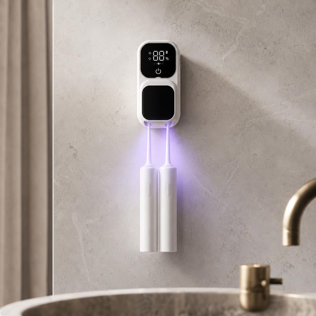 Maison Lumivé mounted on a stone bathroom wall with UV glow