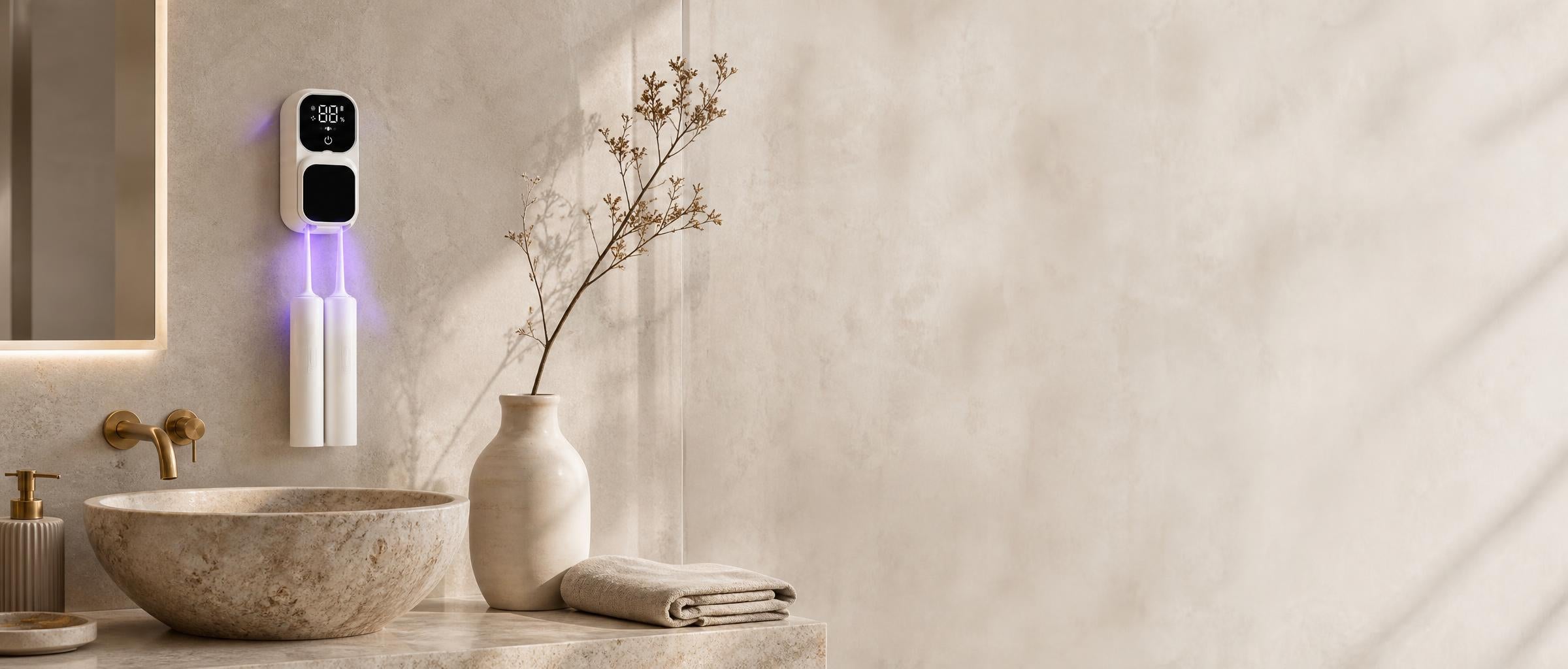 Lumivé mounted in a serene stone bathroom