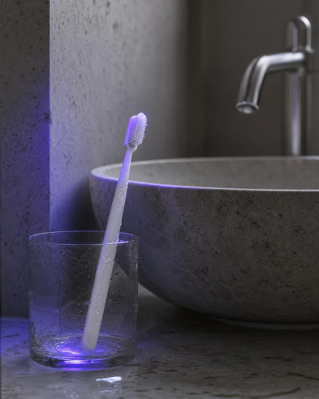 A damp toothbrush in a cup beside a bathroom sink