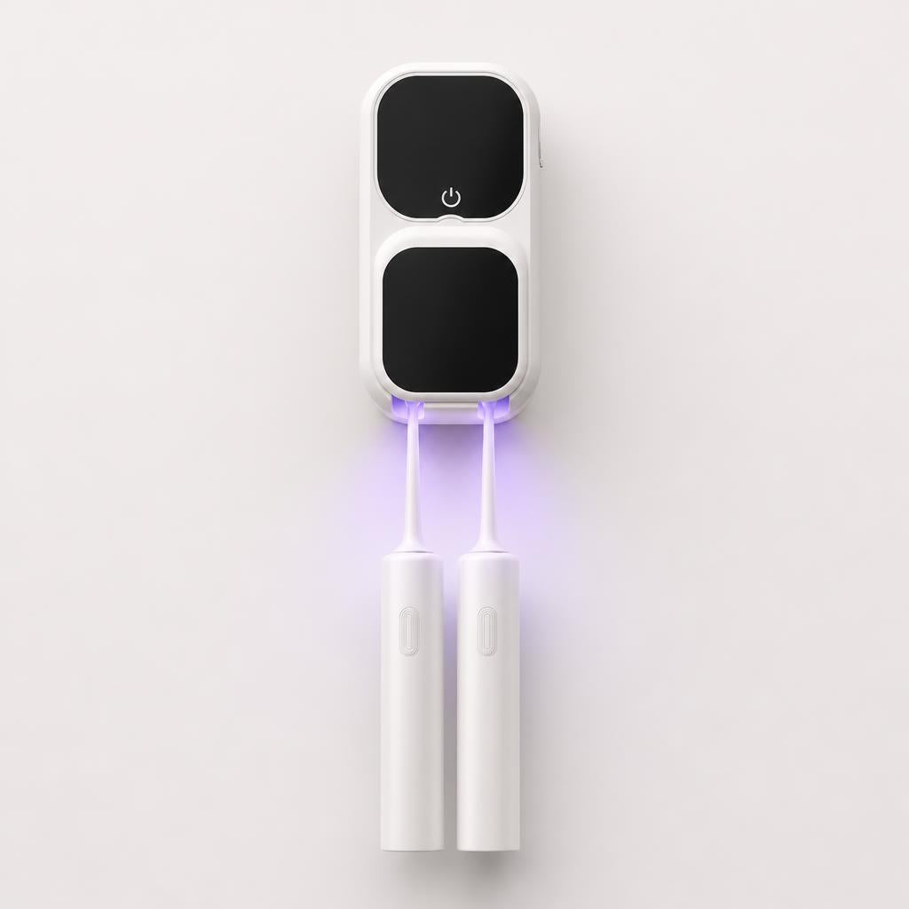 Maison Lumivé UV sterilizer with two toothbrushes, front view