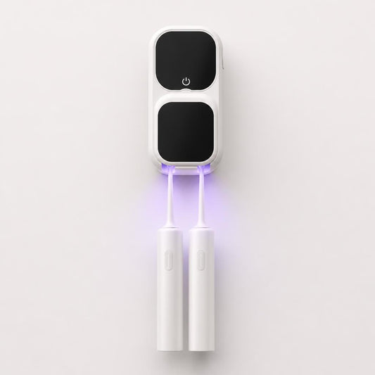 Maison Lumivé UV sterilizer with two toothbrushes, front view